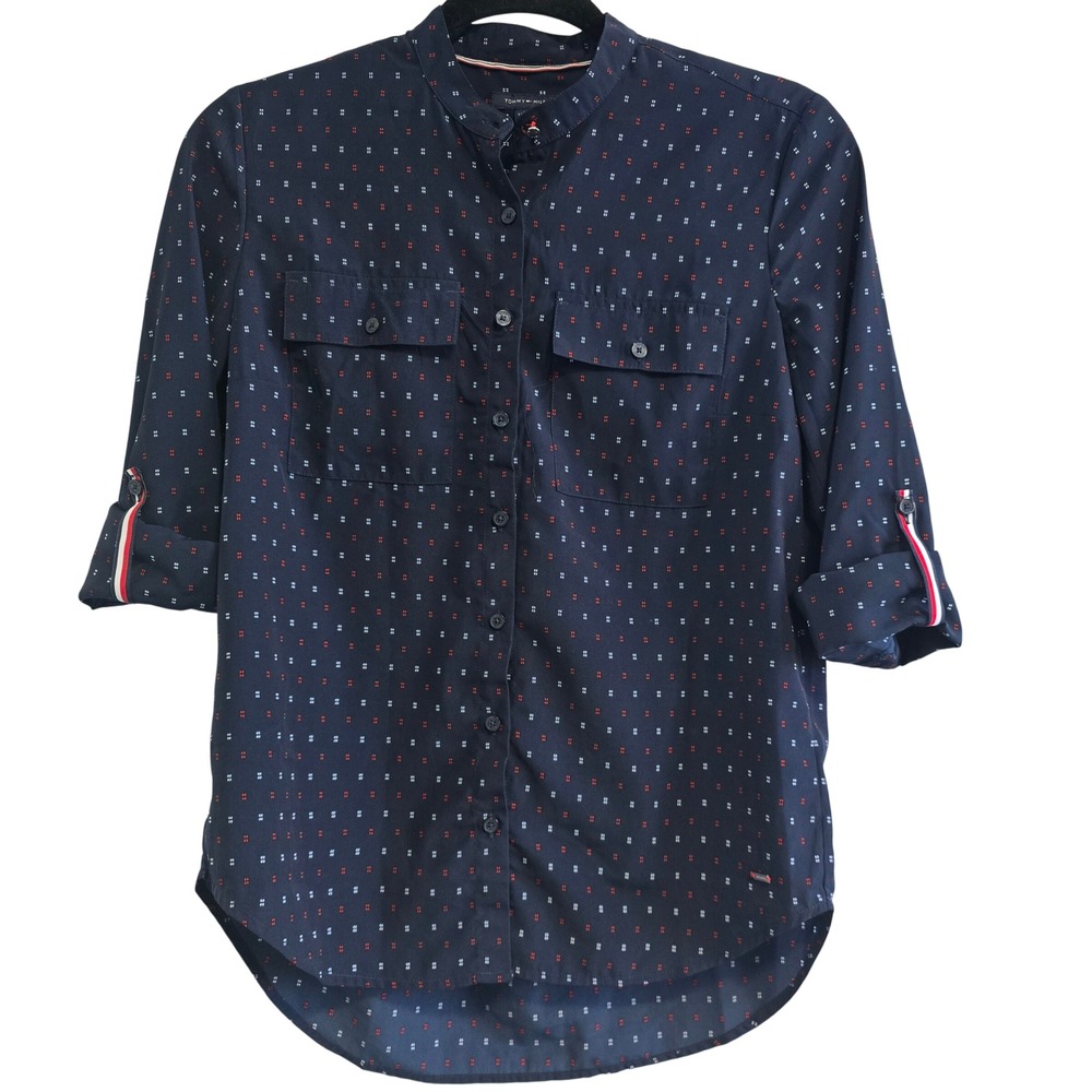 😀 Tommy Hilfiger Navy Micro Print Mandarin Collar Roll Tab Shirt XXS